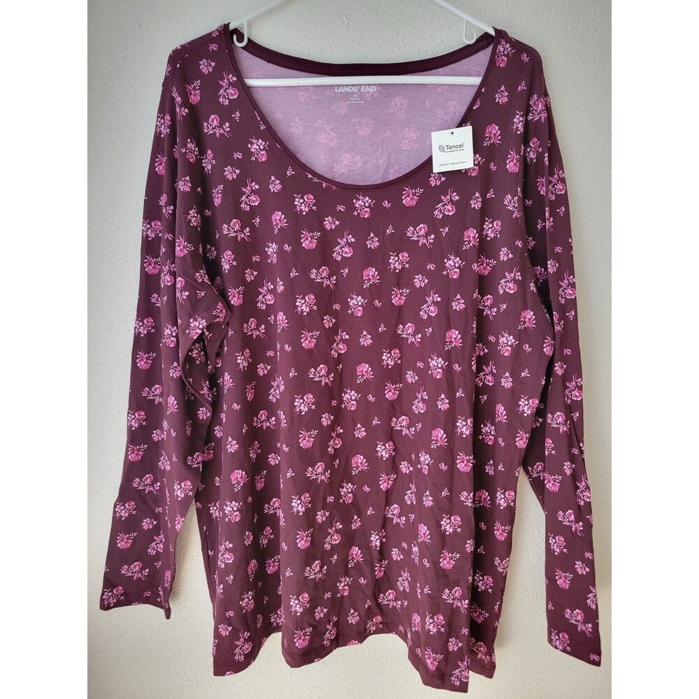 Lands' End NWT Women 2X Burgundy Pink Floral Scoop Long Sleeve Knit Tencel Modal